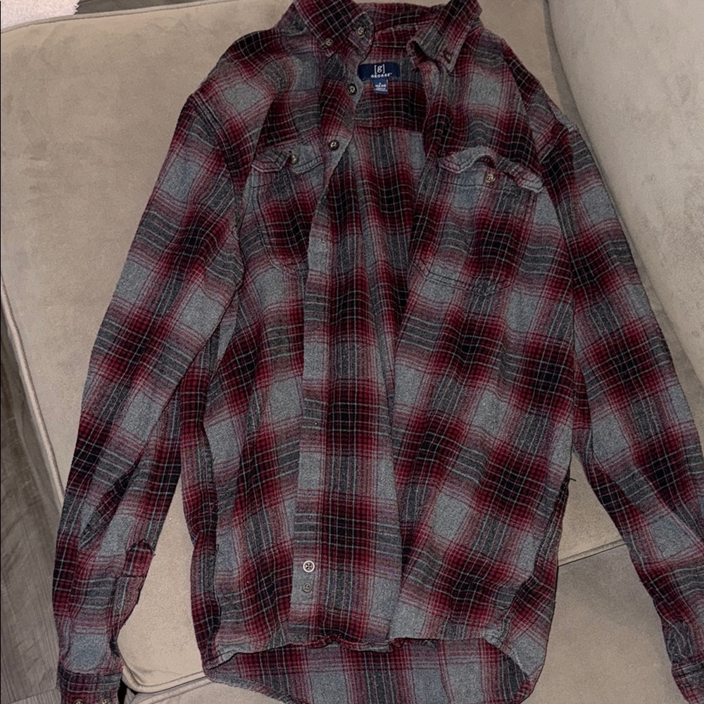 Plaid Button-Up Shirt in Burgundy and Gray